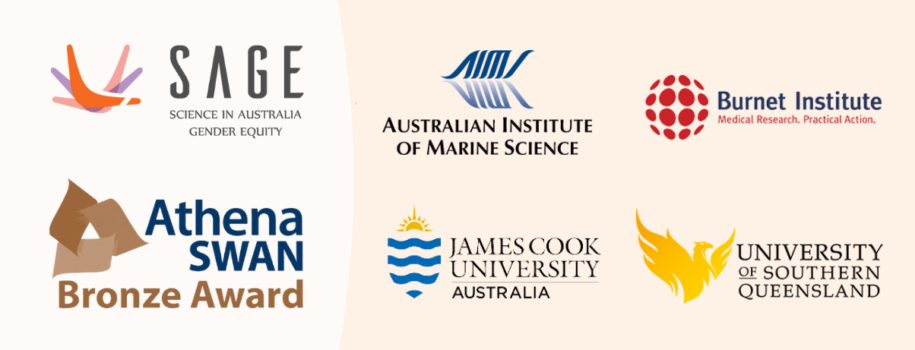 A montage of these logos: SAGE, the Athena Swan Bronze Award, the Australian Institute of Marine Science, the Burnet Institute, James Cook University and the University of Southern Queensland.
