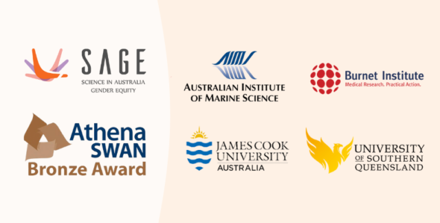 Collage of logos for SAGE, Athena Swan Bronze Award, AIMS, the Burnet Institute, James Cook University and the University of Southern Queensland.