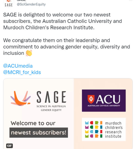 Screenshot of a tweet welcoming the Australian Catholic University and the Murdoch Children’s Research Institute as the two newest SAGE subscribers in March 2021.
