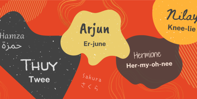 Poster showing 6 names and their phonetic pronunciation or how they are written in a native language. Hamza (Arabic spelling). Thuy (Twee). Arjun (Er-june). Sakura (Japanese hiragana spelling). Hermione (Her-my-oh-nee). Nilay (Knee-lie).