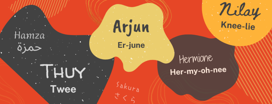 Poster showing 6 names and their phonetic pronunciation or how they are written in a native language. Hamza (Arabic spelling). Thuy (Twee). Arjun (Er-june). Sakura (Japanese hiragana spelling). Hermione (Her-my-oh-nee). Nilay (Knee-lie).