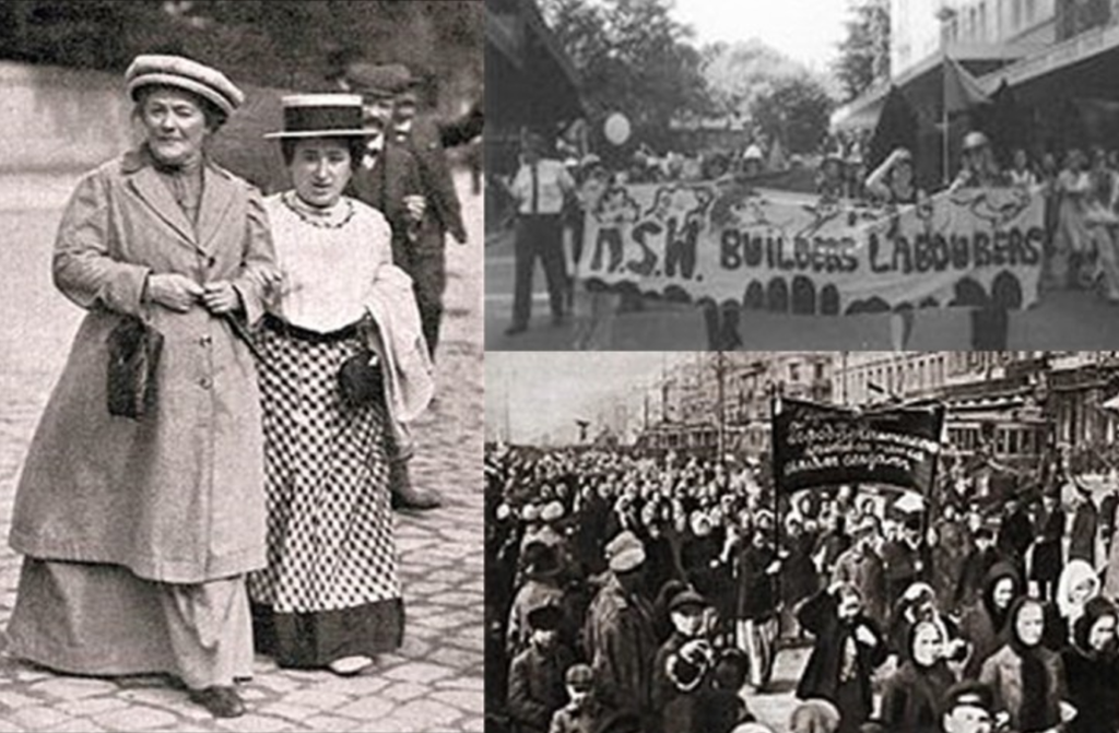 Left: two women walk arm in arm on a street. Top right: crowds walk down a city street, led by four people holding a banner that reads 