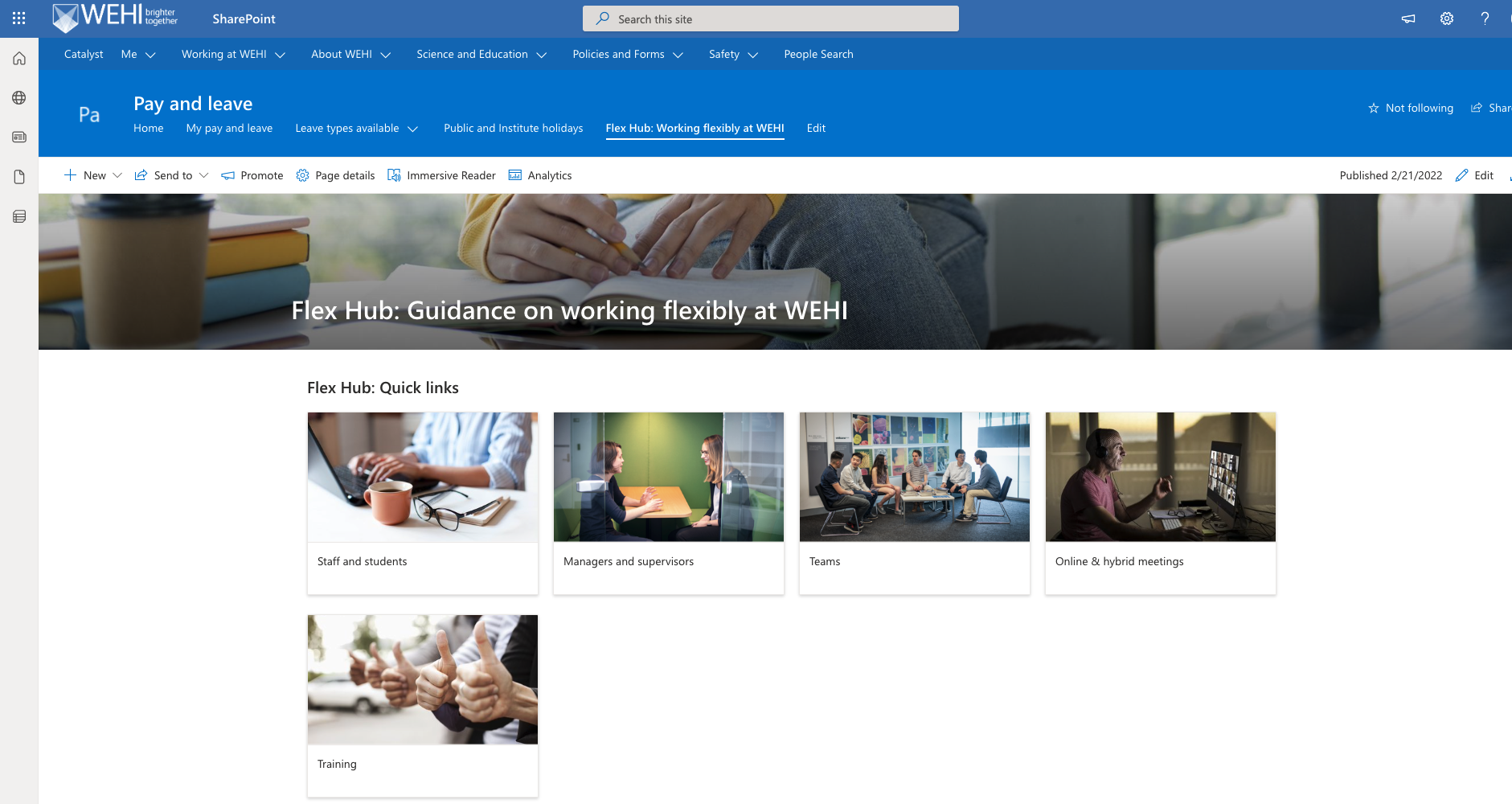 Screenshot of WEHI SharePoint site. The simple interface provides links for staff and students, managers, teams, online/hybrid meetings, and training.