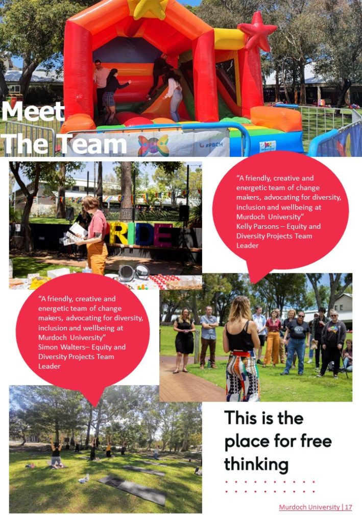 A page titled "Meet the Team" from Murdoch Uni's candidate pack for the Pride and Respect Officer role. Shows four photographs: first of people playing in a rainbow-coloured bouncy castle; second of someone reading with the word "PRIDE" propped on a bench in large letters in the background; third of a woman addressing a group outdoors; fourth of people doing yoga outdoors. Kelly Parsons and Simon Walters, both Equity and Diversity Projects Team Leader, are quoted saying "A friendly, creative and energetic team of change makers, advocating for diversity, inclusion and wellbeing at Murdoch University." The page also reads "This is the place for free thinking".