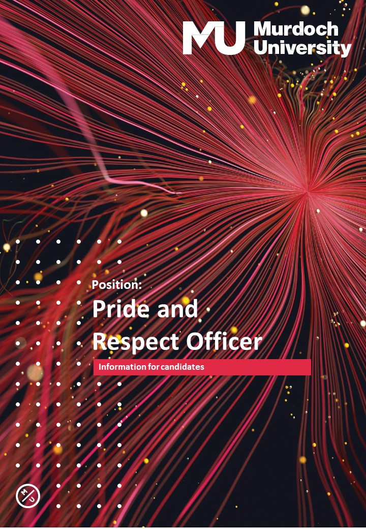 Cover image on Murdoch Uni's information pack to support candidates for the Pride and Respect Officer position. Depicts an abstract pattern of red lines on a black background.