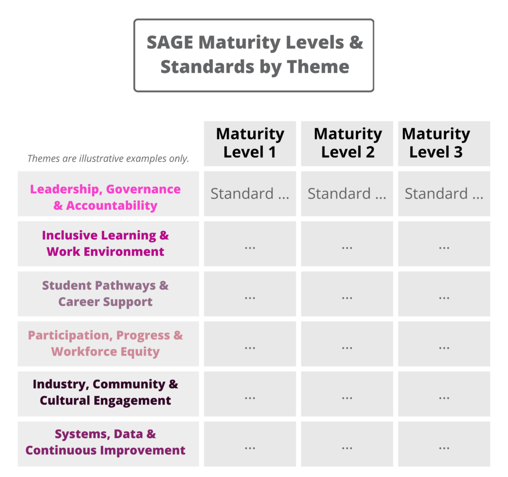 Illustrative matrix titled "SAGE Maturity Levels & Standards by Theme", with the six GEDI themes listed down the side and three maturity levels across the top, showing how each standard would be described at each level, as described in the text.