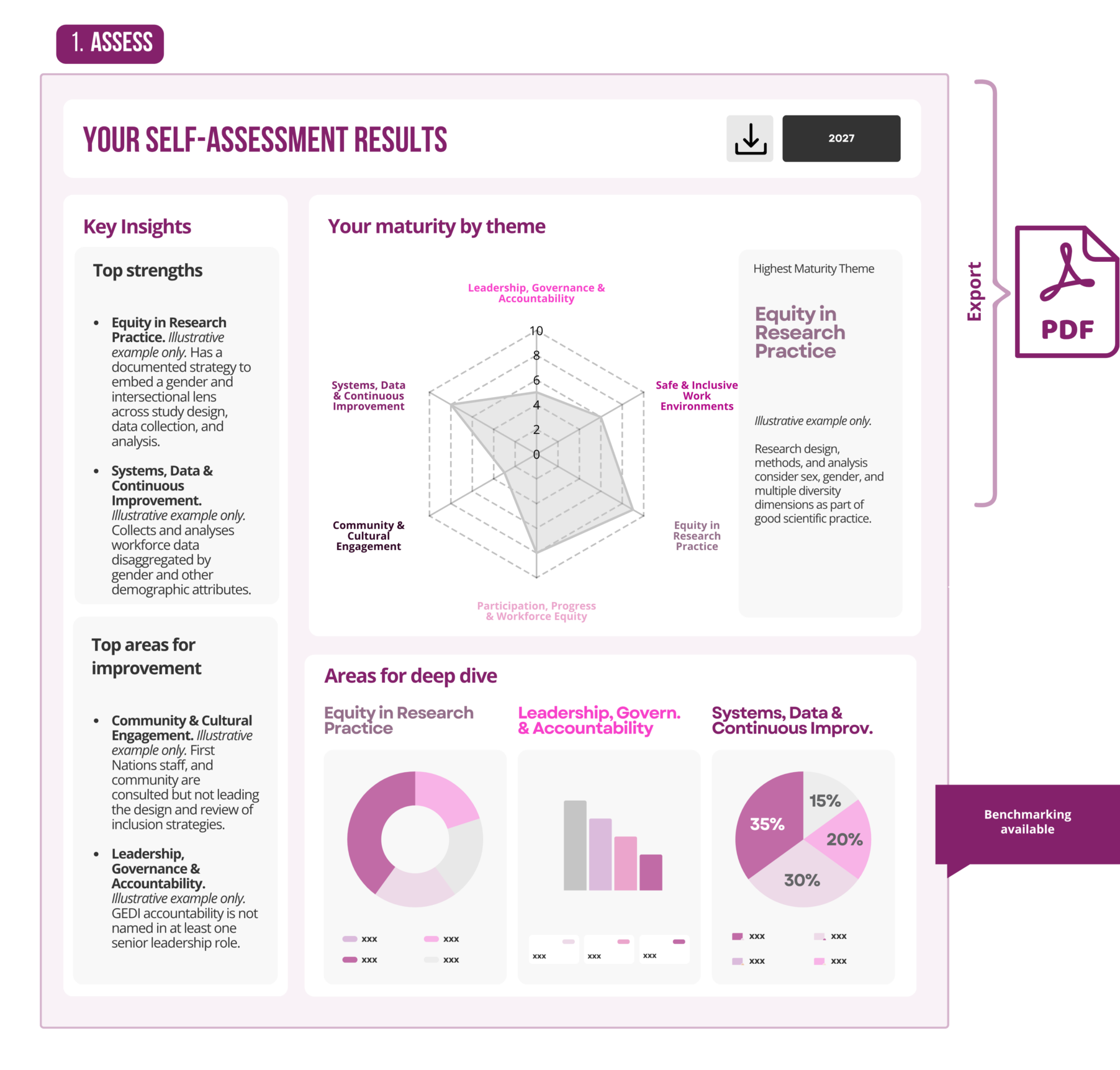 Illustrative mockup of the self-assessment results dashboard, showing an organisation's GEDI maturity by theme, top strengths, top areas for improvement, and exportable charts, as described in the text.
